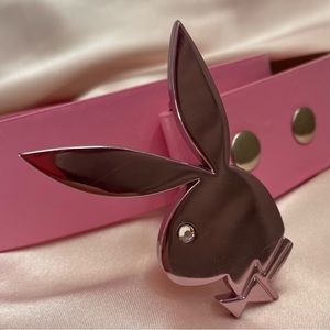 🔥RARE🔥Y2K Pink Metallic Polished Playboy Bunny Belt Buckle and Pink Belt
